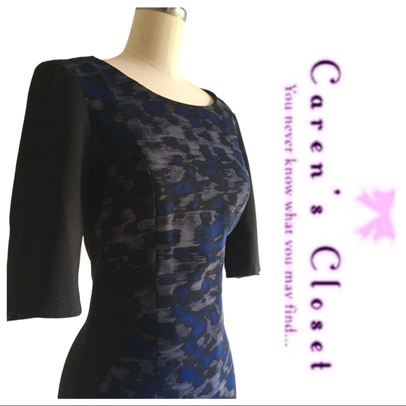 Tahari Black & Blue Modern Print Stretch knit Sheath Dress w/ Black Side Panels - Picture 6 of 6